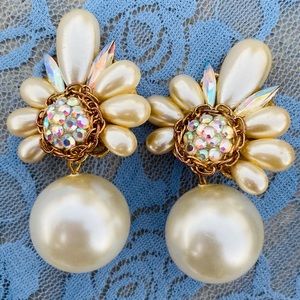 Vintage Faux Pearls & Rhinestone Dangly Clip Ons